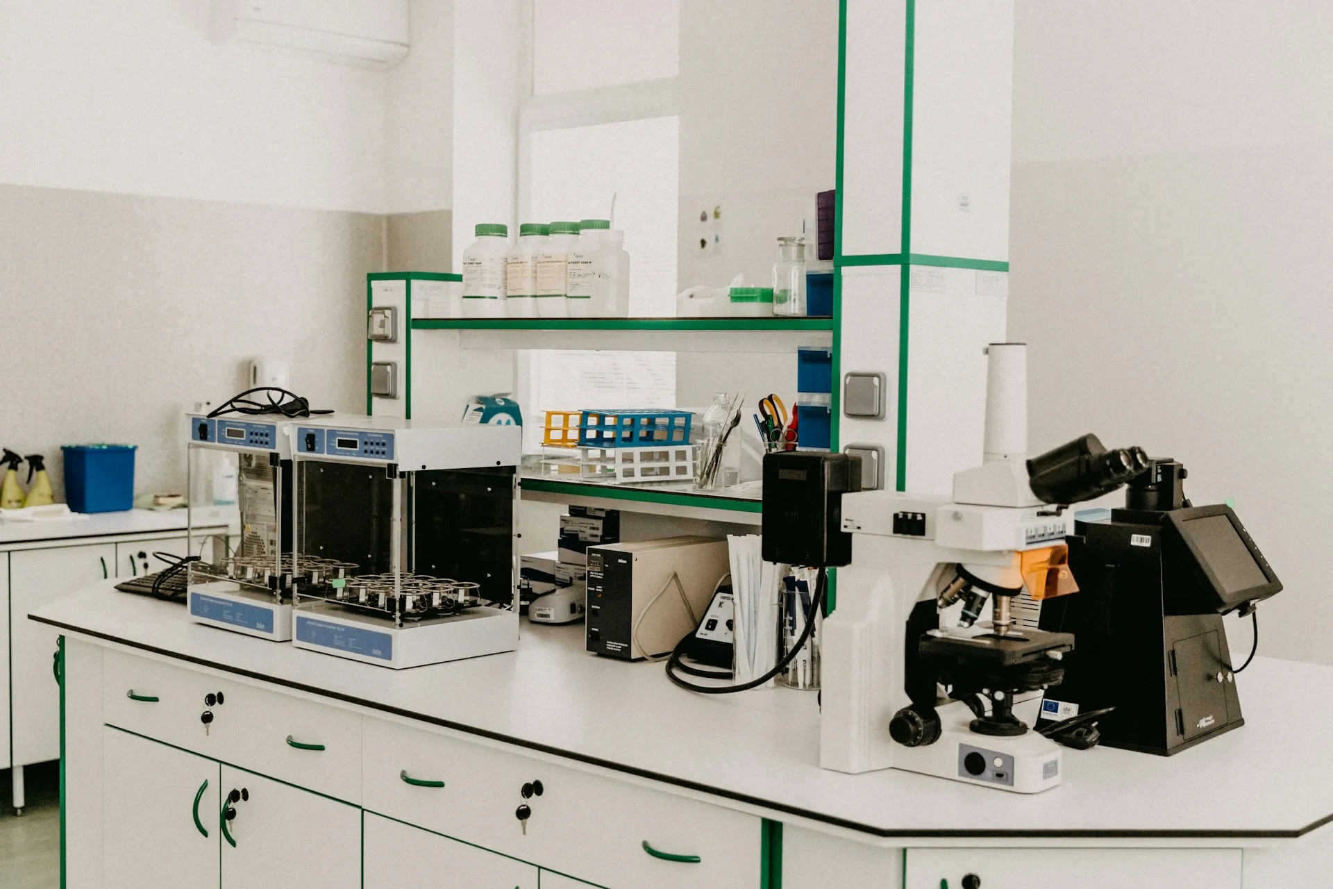 Laboratory bench with a microscope and analytical equipment
